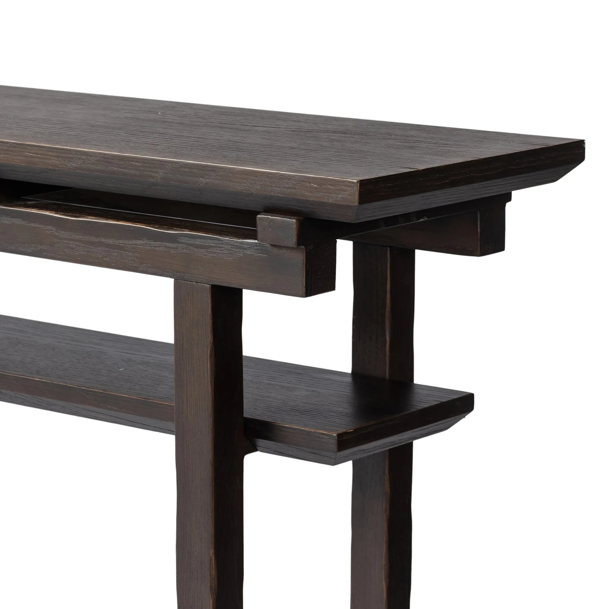 A tea house-inspired piece made from solid oak features natural cracks and graining and a warm cocoa finish Amethyst Home provides interior design, new home construction design consulting, vintage area rugs, and lighting in the Tampa metro area.