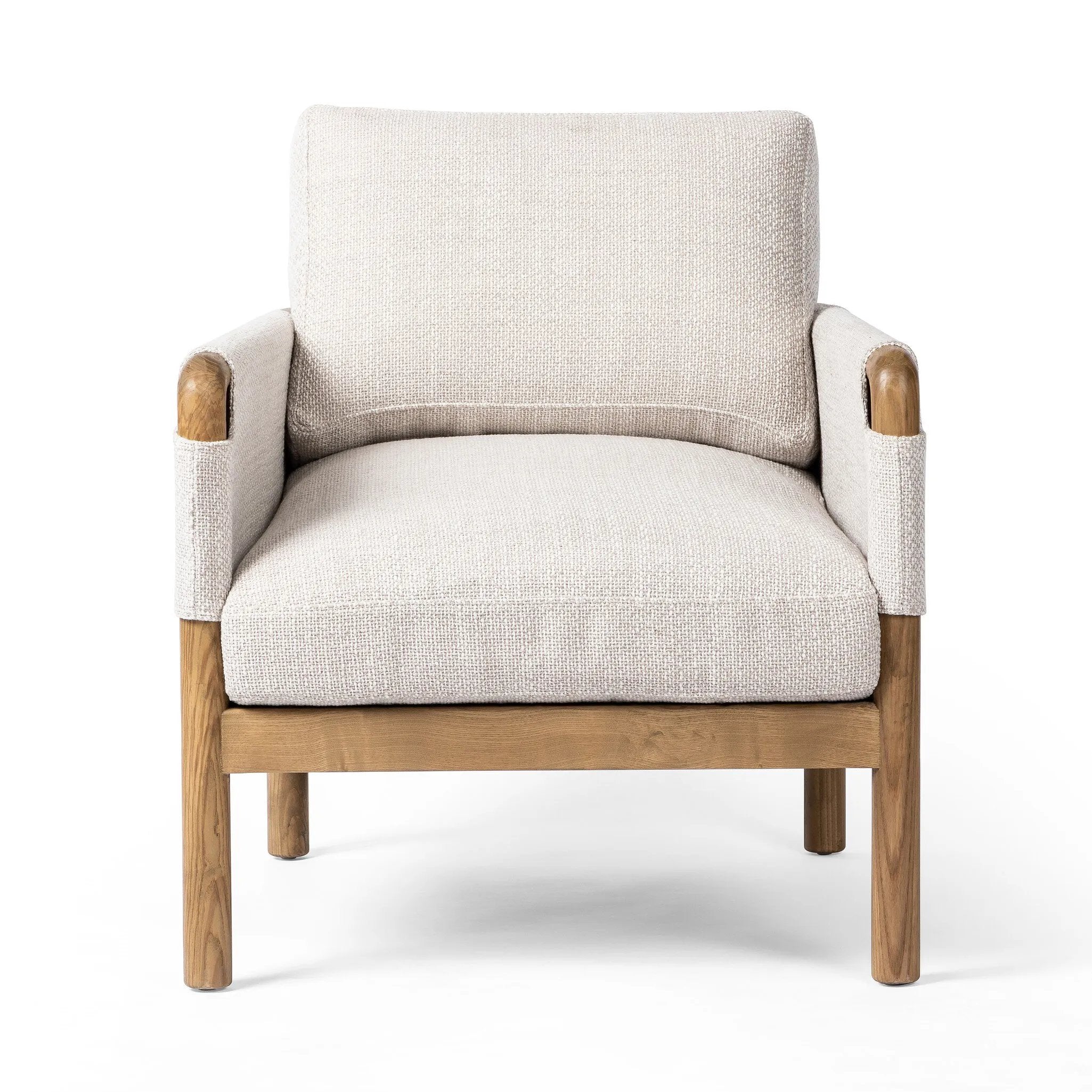 Safari inspiration meets zen aspirations. A cylindrical frame is crafted, smoothed and rounded from solid ash wood. Includes two loose feather-blend cushions covered in a heavily textured performance fabric. Amethyst Home provides interior design, new home construction design consulting, vintage area rugs, and lighting in the Scottsdale metro area.