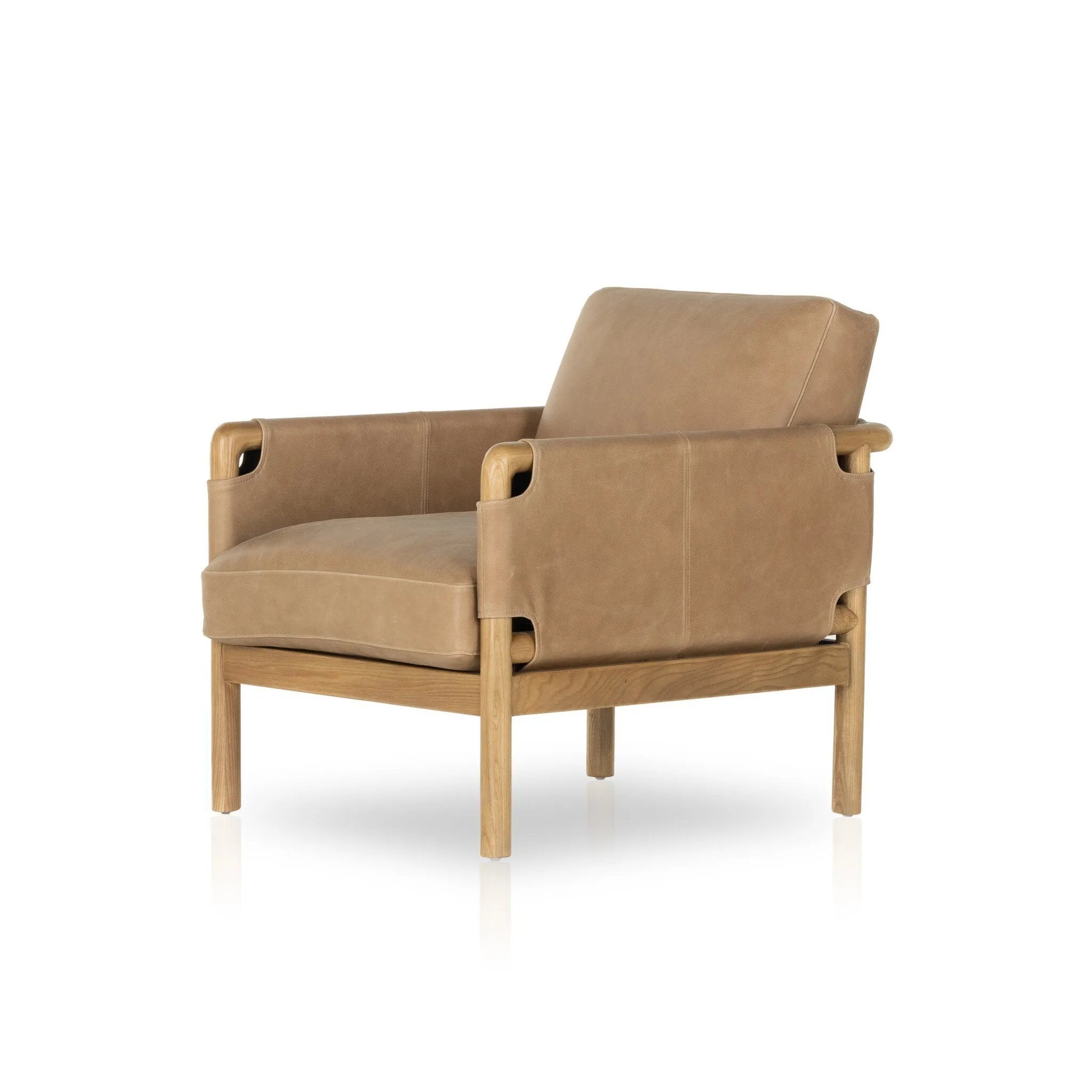Featuring Navarro Palermo Drift Chair by Four Hands at Amethyst Home. Safari inspiration meets zen aspirations. A cylindrical frame is crafted, smoothed and rounded from solid ash wood. Includes two loose feather-blend cushions covered in subtly distressed thick cut leather in a neutral taupe hue for a monochromatic look. Overall Dimensions: 27.75"w x 34.00"d . Amethyst Home provides interior design, new home construction design consulting, vintage area rugs, and lighting in the Boston metro area.