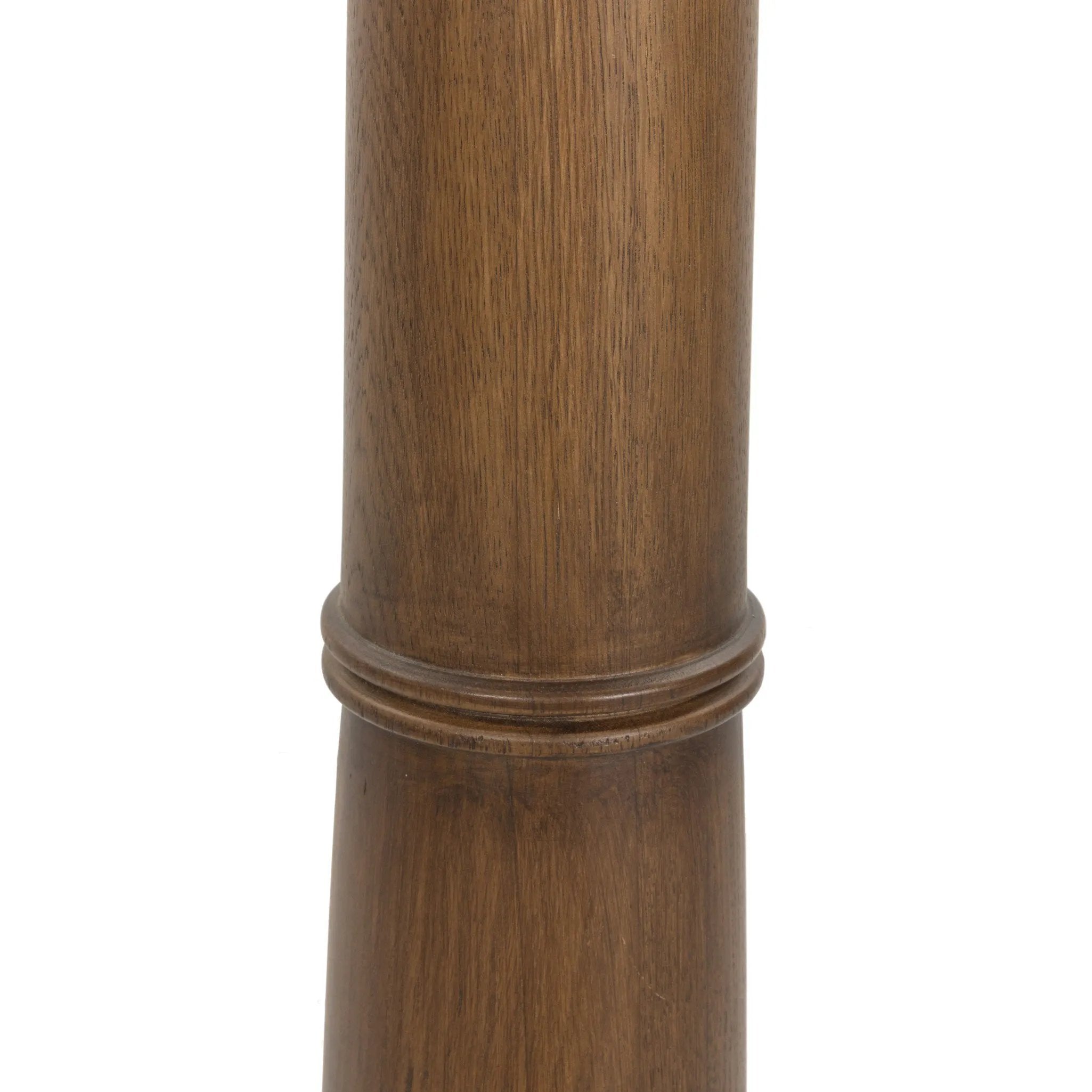 Inspired by a vintage salt shaker found while exploring Copenhagen, Denmark, this warm brown oak floor lamp has a telescoping shape that's finished with a traditional tan linen shade Amethyst Home provides interior design, new home construction design consulting, vintage area rugs, and lighting in the Park City metro area.