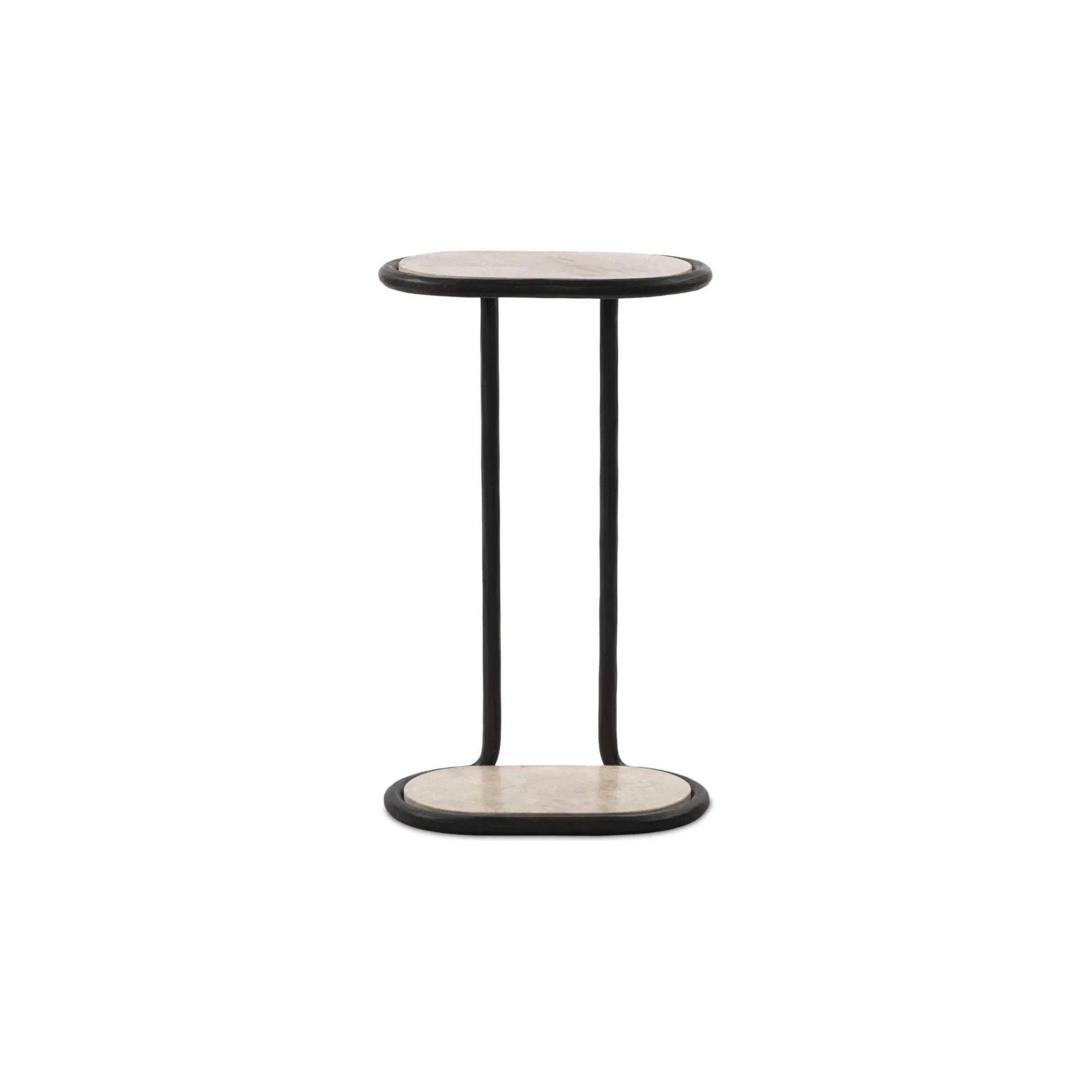 Hammered gunmetal forms a classic C-style frame for top and bottom surfaces of cream marble. Smaller scale enables moving from room to room with ease Amethyst Home provides interior design, new home construction design consulting, vintage area rugs, and lighting in the Park City metro area.