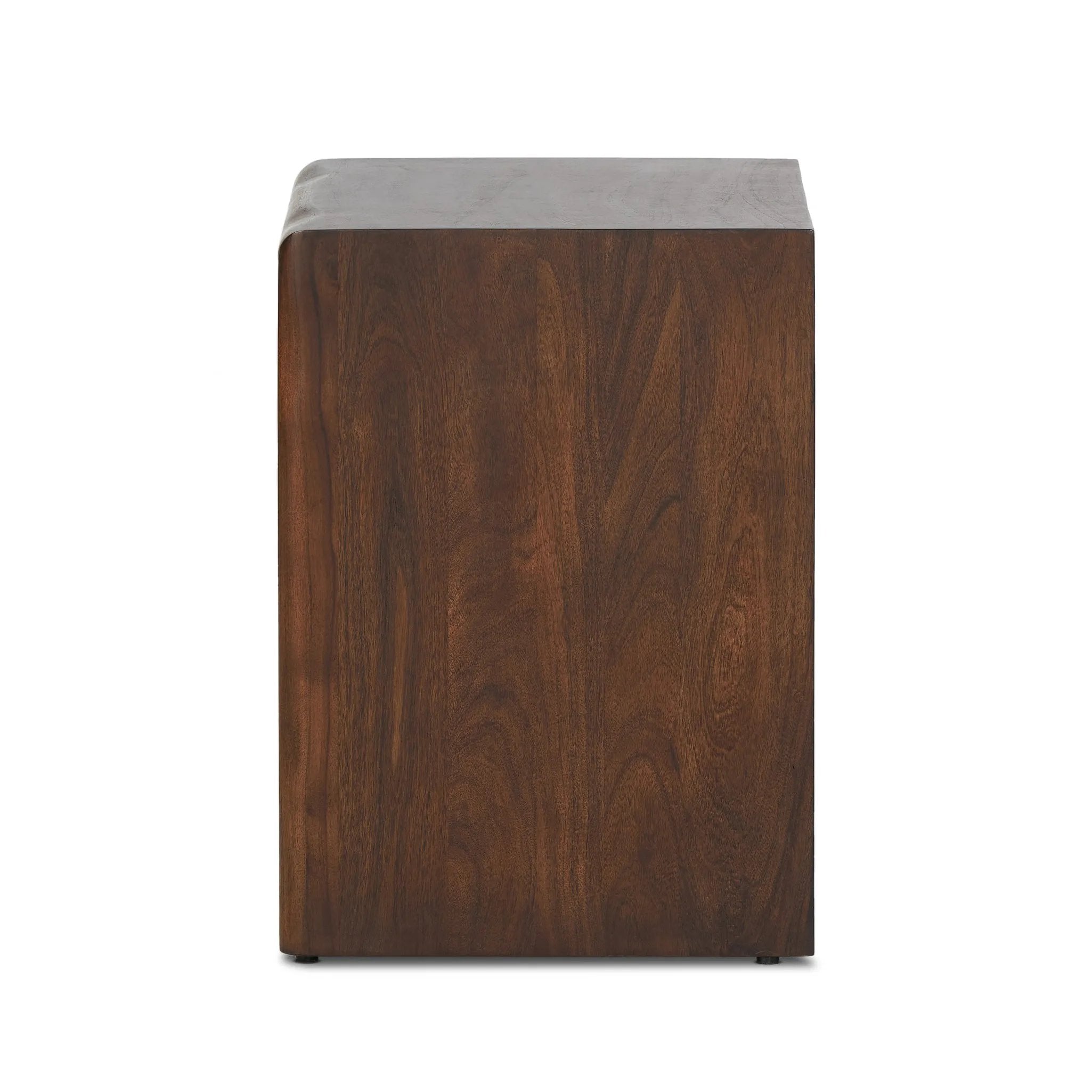 Featuring Nigel Rustic Brown Acacia Nightstand by Four Hands at Amethyst Home. A faux live edge lends natural character to the waterfall frame, its mitered corners enhancing the seamless silhouette. Soft volumes and thick proportions exude a sense of permanence, while chamfered drawer pulls add refined functionality. The warm wood tones celebrate acacia's . Amethyst Home provides interior design, new home construction design consulting, vintage area rugs, and lighting in the Scottsdale metro area.