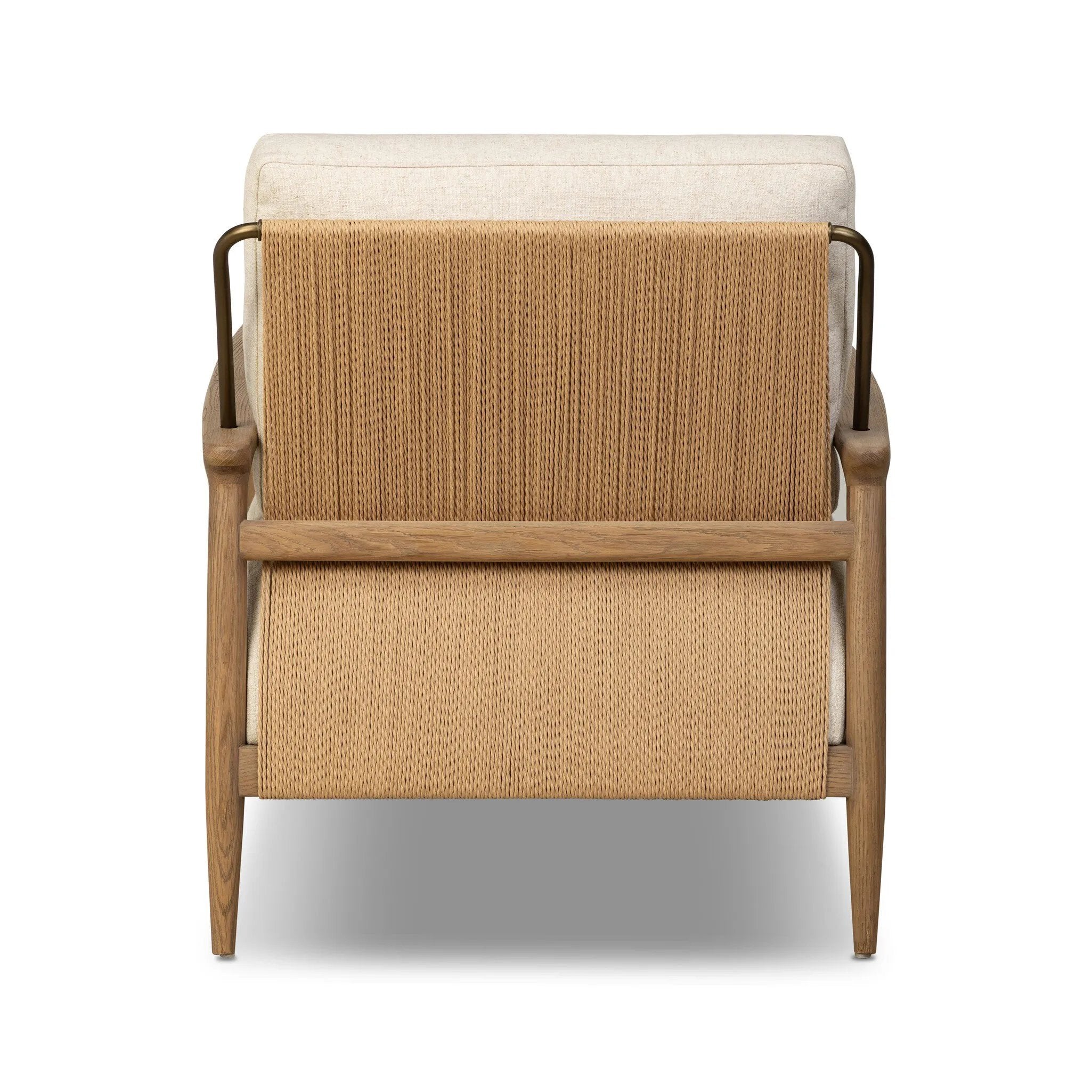 Angular wood and metal intersect across the waterfall paper cord back of this accent chair, with a tight seat and loose boxed back cushion adding comfort.As lovers of organic modern design at Amethyst, we love the warm modern inspired Nisha Chair - Antwerp Natural. Amethyst Home provides interior design, new home construction design consulting, vintage area rugs, and lighting in the San Diego metro area.