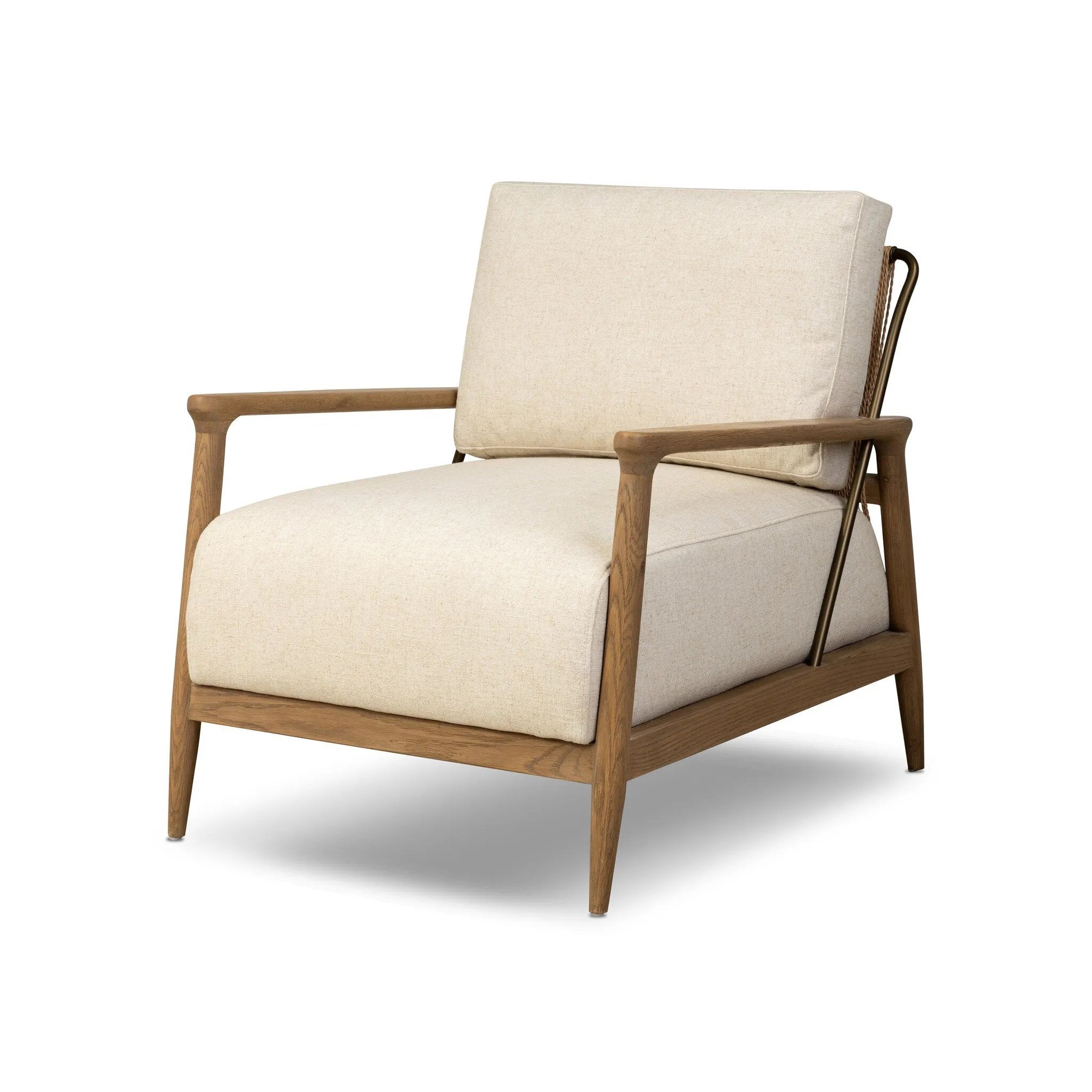 Angular wood and metal intersect across the waterfall paper cord back of this accent chair, with a tight seat and loose boxed back cushion adding comfort.As lovers of organic modern design at Amethyst, we love the warm modern inspired Nisha Chair - Antwerp Natural. Amethyst Home provides interior design, new home construction design consulting, vintage area rugs, and lighting in the Tampa metro area.