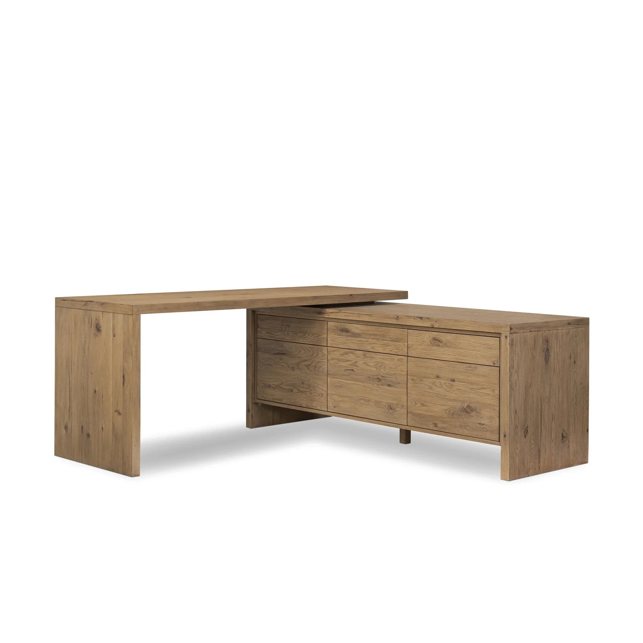 Customization and functionality fuse in a rotating desk of aged smoked oak. With plenty of storage space by way of drawers and cabinetry, a unique L shape and 360-degree mobility offer several orientation options, to comfortably suit a wide range of spaces Amethyst Home provides interior design, new home construction design consulting, vintage area rugs, and lighting in the Monterey metro area.