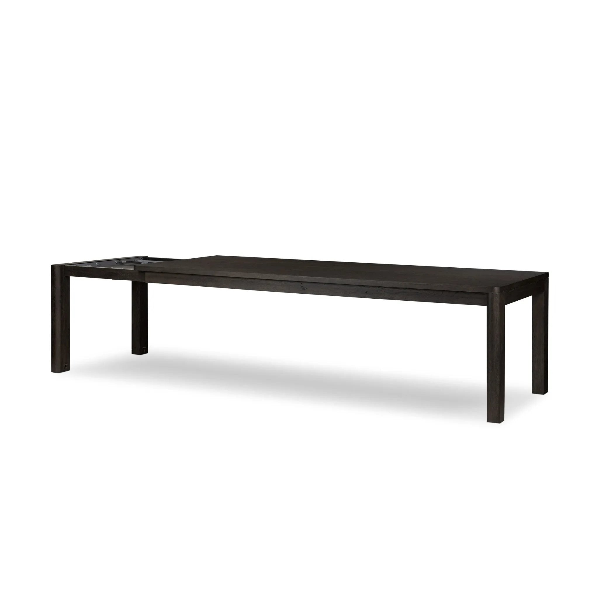 Featuring Noeline Cracked Smoked Black Veneer Extension Dining Table by Four Hands at Amethyst Home. Made from smoked black oak with intentional cracking for an aged look, a self-storing extension creates space for extra guests. Equipped with four lockable wheels for easy extension to 116".Overall Dimensions: 96.00"w x 42.00"d x 30.00"hWeight : 275.58 lbs. Amethyst Home provides interior design, new home construction design consulting, vintage area rugs, and lighting in the Kansas City metro area.