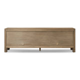 Made from resawn oak with a worn, natural finish, a long, streamlined sideboard offers ample storage space behind four push-latch doors. Subtly rounded corners add softness to otherwise clean lines, while knots and graining offer a naturally rich look. Dual rear cutouts for seamless cord management Amethyst Home provides interior design, new home construction design consulting, vintage area rugs, and lighting in the Laguna Beach metro area.