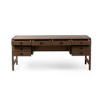 Featuring Oakley Dark Toasted Oak Veneer Desk by Four Hands at Amethyst Home. Made from warm-toasted oak, brass-finished bolt covers add an aesthetic element to a storage-driven desk. Eight drawers plus open shelving offer plenty of space for office staples.Overall Dimensions: 72.00"w x 32.00"d x 30.00"hWeight : 186.29 lbsMaterials: Oak Veneer. Amethyst Home provides interior design, new home construction design consulting, vintage area rugs, and lighting in the Dallas metro area.