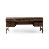 Featuring Oakley Dark Toasted Oak Veneer Desk by Four Hands at Amethyst Home. Made from warm-toasted oak, brass-finished bolt covers add an aesthetic element to a storage-driven desk. Eight drawers plus open shelving offer plenty of space for office staples.Overall Dimensions: 72.00"w x 32.00"d x 30.00"hWeight : 186.29 lbsMaterials: Oak Veneer. Amethyst Home provides interior design, new home construction design consulting, vintage area rugs, and lighting in the Dallas metro area.