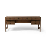 Featuring Oakley Dark Toasted Oak Veneer Desk by Four Hands at Amethyst Home. Made from warm-toasted oak, brass-finished bolt covers add an aesthetic element to a storage-driven desk. Eight drawers plus open shelving offer plenty of space for office staples.Overall Dimensions: 72.00"w x 32.00"d x 30.00"hWeight : 186.29 lbsMaterials: Oak Veneer. Amethyst Home provides interior design, new home construction design consulting, vintage area rugs, and lighting in the Los Angeles metro area.