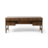 Featuring Oakley Dark Toasted Oak Veneer Desk by Four Hands at Amethyst Home. Made from warm-toasted oak, brass-finished bolt covers add an aesthetic element to a storage-driven desk. Eight drawers plus open shelving offer plenty of space for office staples.Overall Dimensions: 72.00"w x 32.00"d x 30.00"hWeight : 186.29 lbsMaterials: Oak Veneer. Amethyst Home provides interior design, new home construction design consulting, vintage area rugs, and lighting in the Los Angeles metro area.