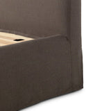 An arched headboard and simple frame act as the perfect canvas for your favorite bedding. A soft textural linen slipcover in a rich brown hue contributes a cozy yet refined look Amethyst Home provides interior design, new home construction design consulting, vintage area rugs, and lighting in the Austin metro area.