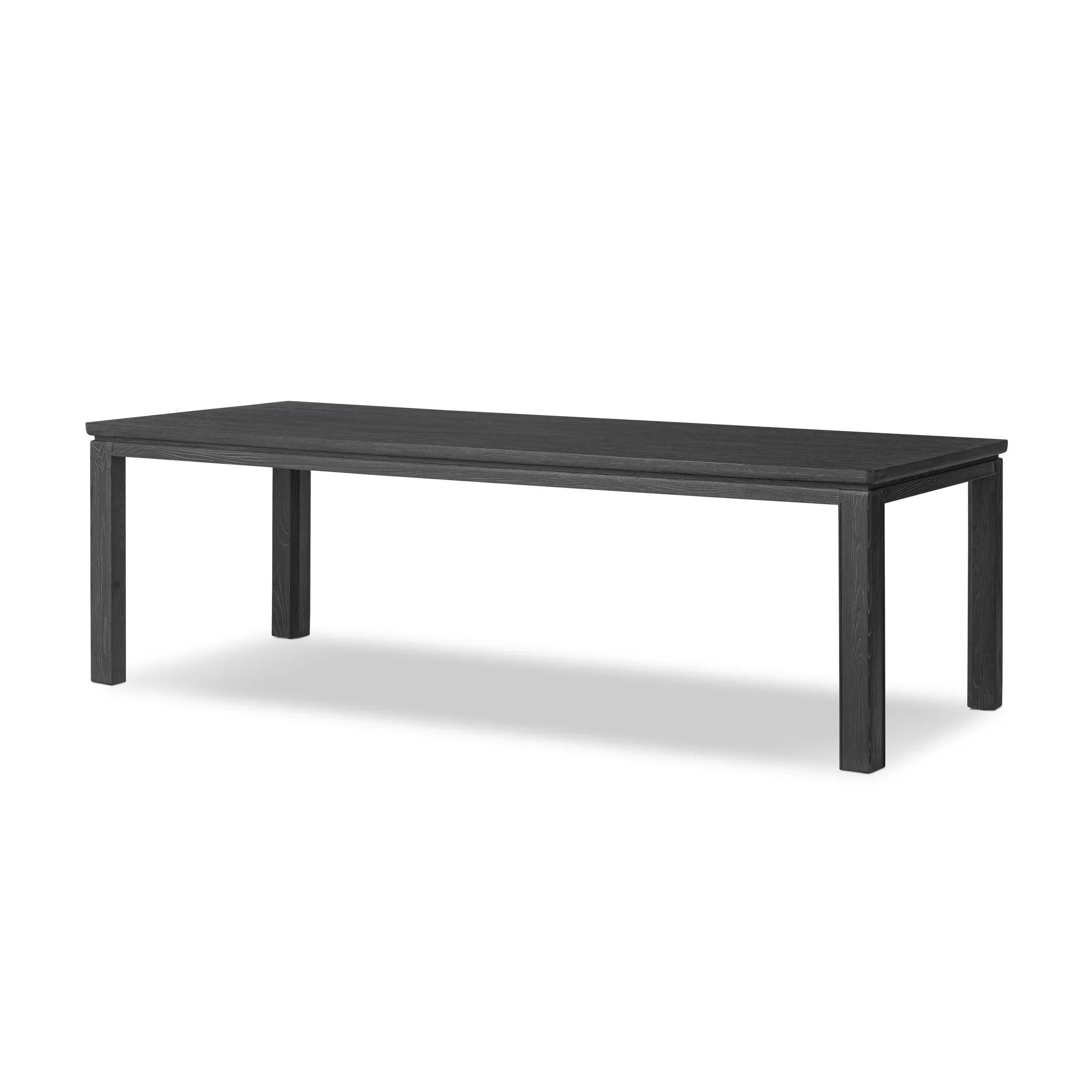 Featuring Oman Rustic Black Veneer Dining Table by Four Hands at Amethyst Home. The timeless Parsons table is reimagined, with a rustic black finish and unique relief detail between the tabletop and apron.Overall Dimensions: 96.00"w x 42.00"d x 30.00"hWeight : 159.83 lbsMaterials: Oak Veneer, Solid Ash, Engineered Hardwood. Amethyst Home provides interior design, new home construction design consulting, vintage area rugs, and lighting in the Boston metro area.
