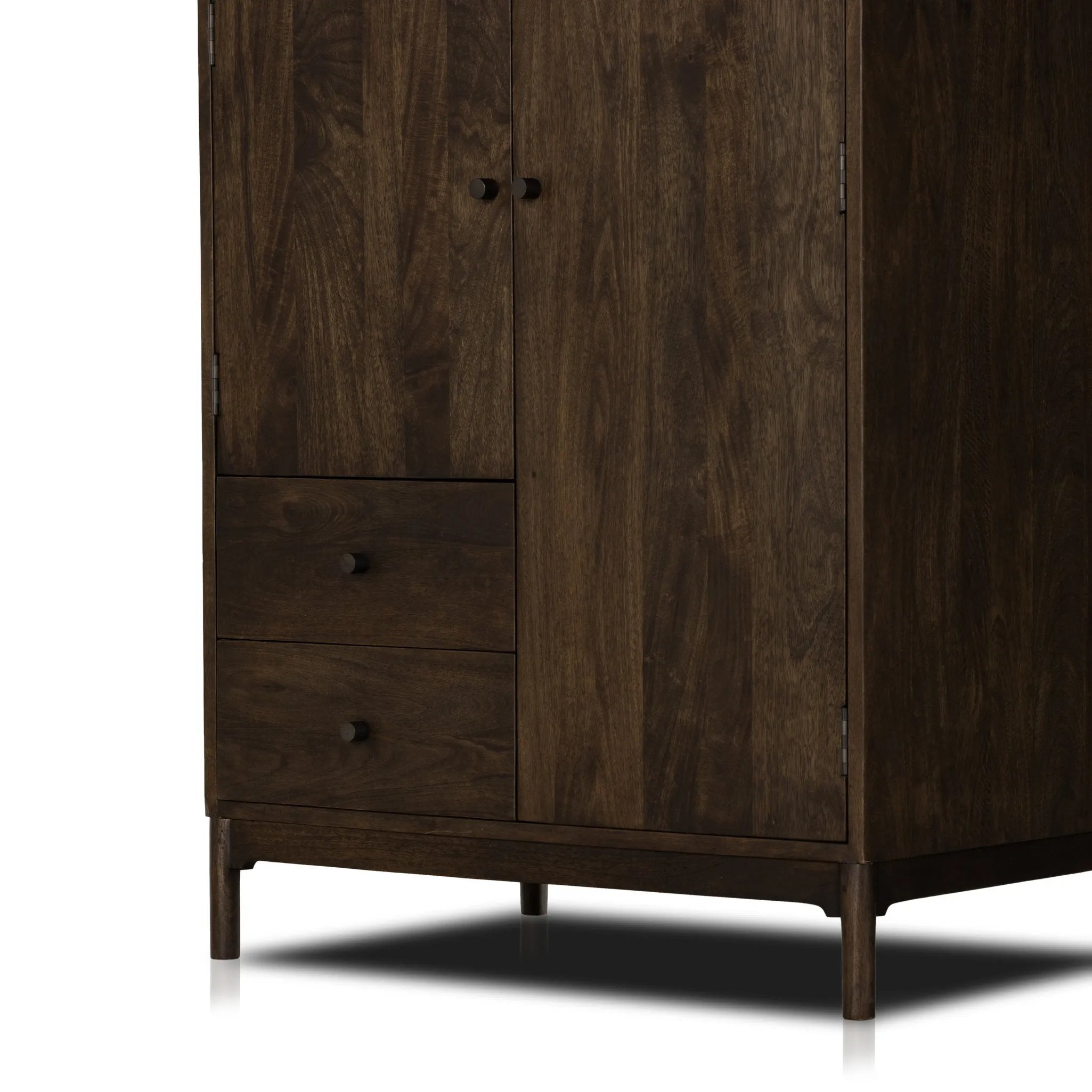 Featuring Ophelia Aged Brown Armoire by Four Hands at Amethyst Home. Make space for style. A large, storage-minded armoire is made from solid mango and finished in an aged brown, reminiscent of European antiques. Interior iron rod for hanging garments plus roomy drawers for out-of-sight storage. This item has been modified to comply with the STURDY Act. See. Amethyst Home provides interior design, new home construction design consulting, vintage area rugs, and lighting in the Charlotte metro area.