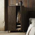 Featuring Ophelia Aged Brown Armoire by Four Hands at Amethyst Home. Make space for style. A large, storage-minded armoire is made from solid mango and finished in an aged brown, reminiscent of European antiques. Interior iron rod for hanging garments plus roomy drawers for out-of-sight storage. This item has been modified to comply with the STURDY Act. See a . Amethyst Home provides interior design, new home construction design consulting, vintage area rugs, and lighting in the Dallas metro area.