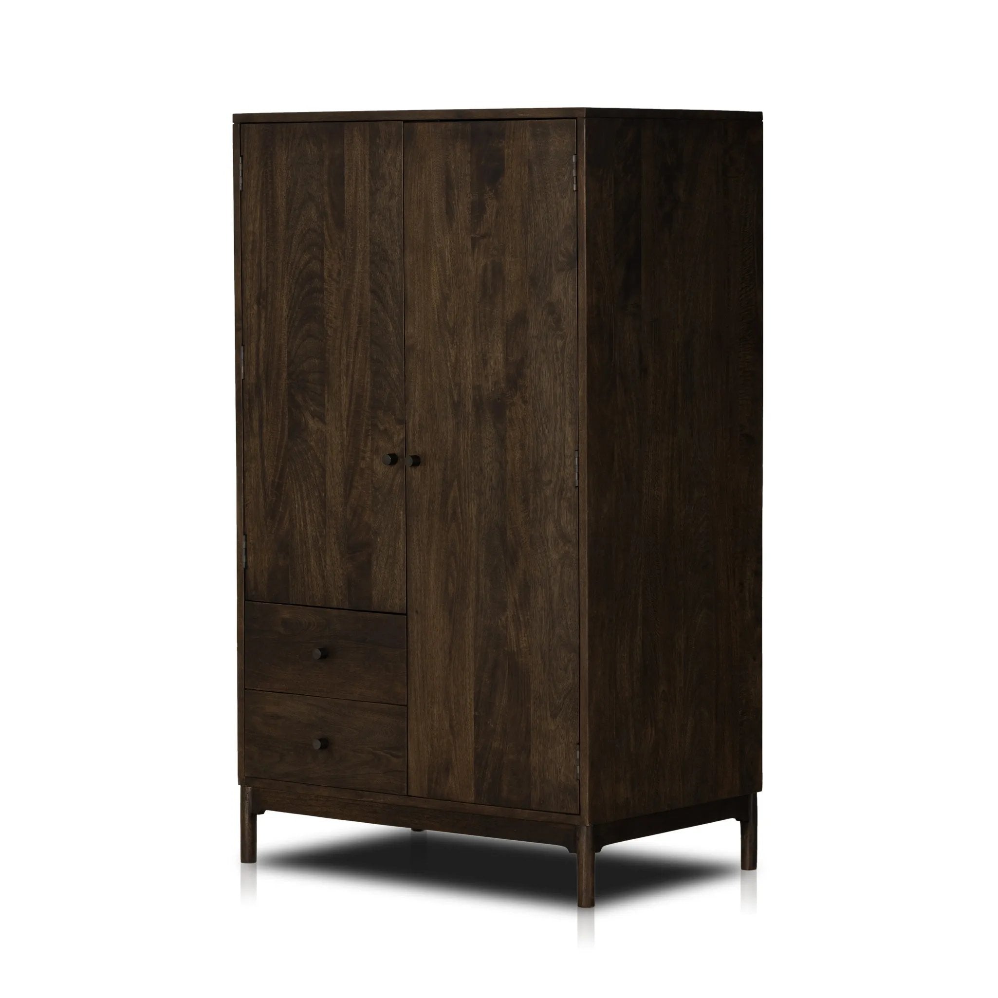 Featuring Ophelia Aged Brown Armoire by Four Hands at Amethyst Home. Make space for style. A large, storage-minded armoire is made from solid mango and finished in an aged brown, reminiscent of European antiques. Interior iron rod for hanging garments plus roomy drawers for out-of-sight storage. This item has been modified to comply with the STURDY Act. Se. Amethyst Home provides interior design, new home construction design consulting, vintage area rugs, and lighting in the Des Moines metro area.