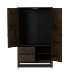 Featuring Ophelia Aged Brown Armoire by Four Hands at Amethyst Home. Make space for style. A large, storage-minded armoire is made from solid mango and finished in an aged brown, reminiscent of European antiques. Interior iron rod for hanging garments plus roomy drawers for out-of-sight storage. This item has been modified to comply with the STURDY Act. . Amethyst Home provides interior design, new home construction design consulting, vintage area rugs, and lighting in the Laguna Beach metro area.