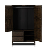Featuring Ophelia Aged Brown Armoire by Four Hands at Amethyst Home. Make space for style. A large, storage-minded armoire is made from solid mango and finished in an aged brown, reminiscent of European antiques. Interior iron rod for hanging garments plus roomy drawers for out-of-sight storage. This item has been modified to comply with the STURDY Act. . Amethyst Home provides interior design, new home construction design consulting, vintage area rugs, and lighting in the Laguna Beach metro area.