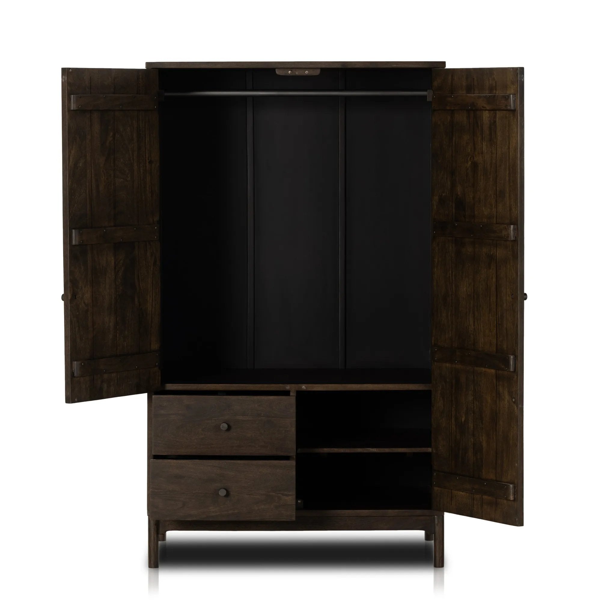 Featuring Ophelia Aged Brown Armoire by Four Hands at Amethyst Home. Make space for style. A large, storage-minded armoire is made from solid mango and finished in an aged brown, reminiscent of European antiques. Interior iron rod for hanging garments plus roomy drawers for out-of-sight storage. This item has been modified to comply with the STURDY Act. . Amethyst Home provides interior design, new home construction design consulting, vintage area rugs, and lighting in the Laguna Beach metro area.