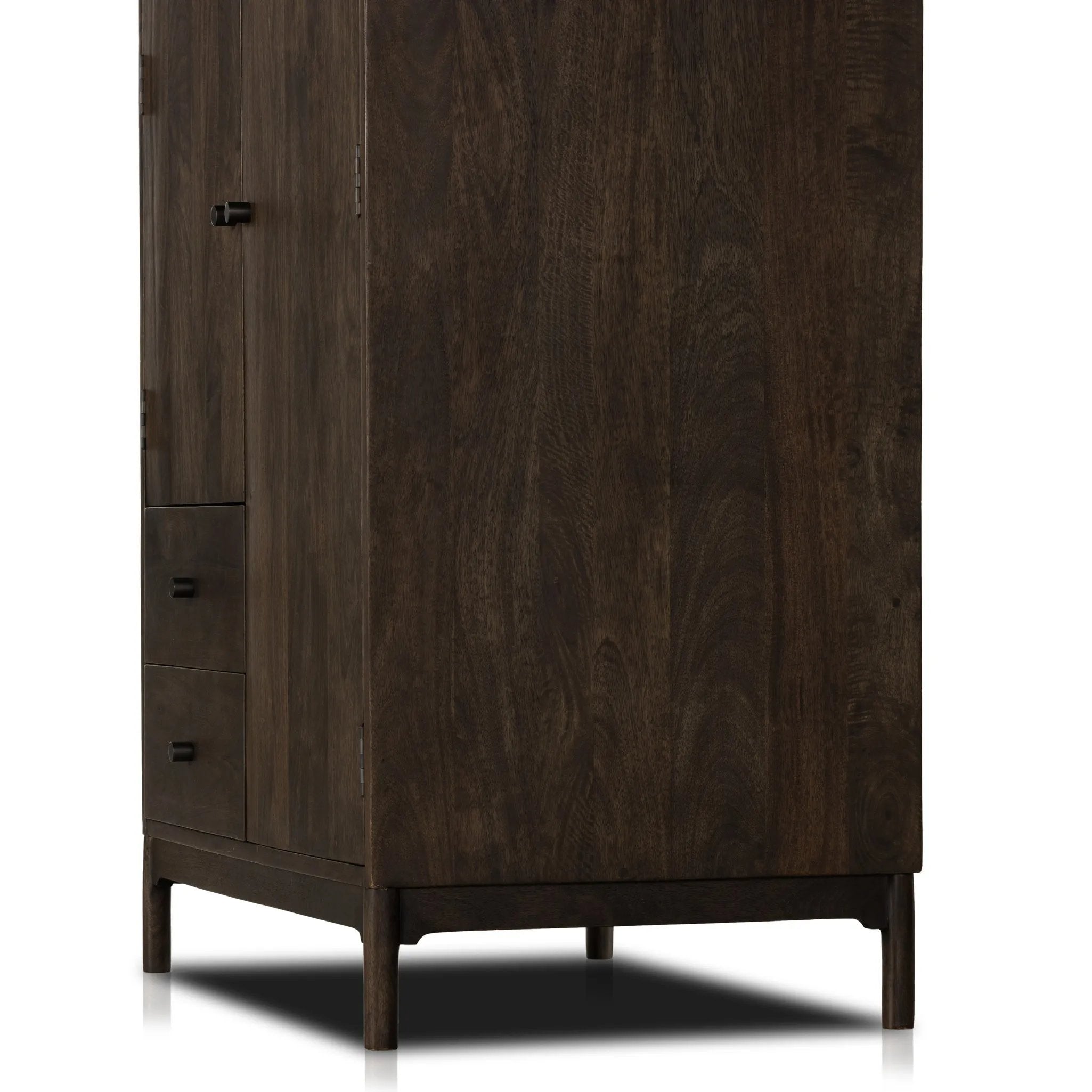 Featuring Ophelia Aged Brown Armoire by Four Hands at Amethyst Home. Make space for style. A large, storage-minded armoire is made from solid mango and finished in an aged brown, reminiscent of European antiques. Interior iron rod for hanging garments plus roomy drawers for out-of-sight storage. This item has been modified to comply with the STURDY Act. See a f. Amethyst Home provides interior design, new home construction design consulting, vintage area rugs, and lighting in the Tampa metro area.