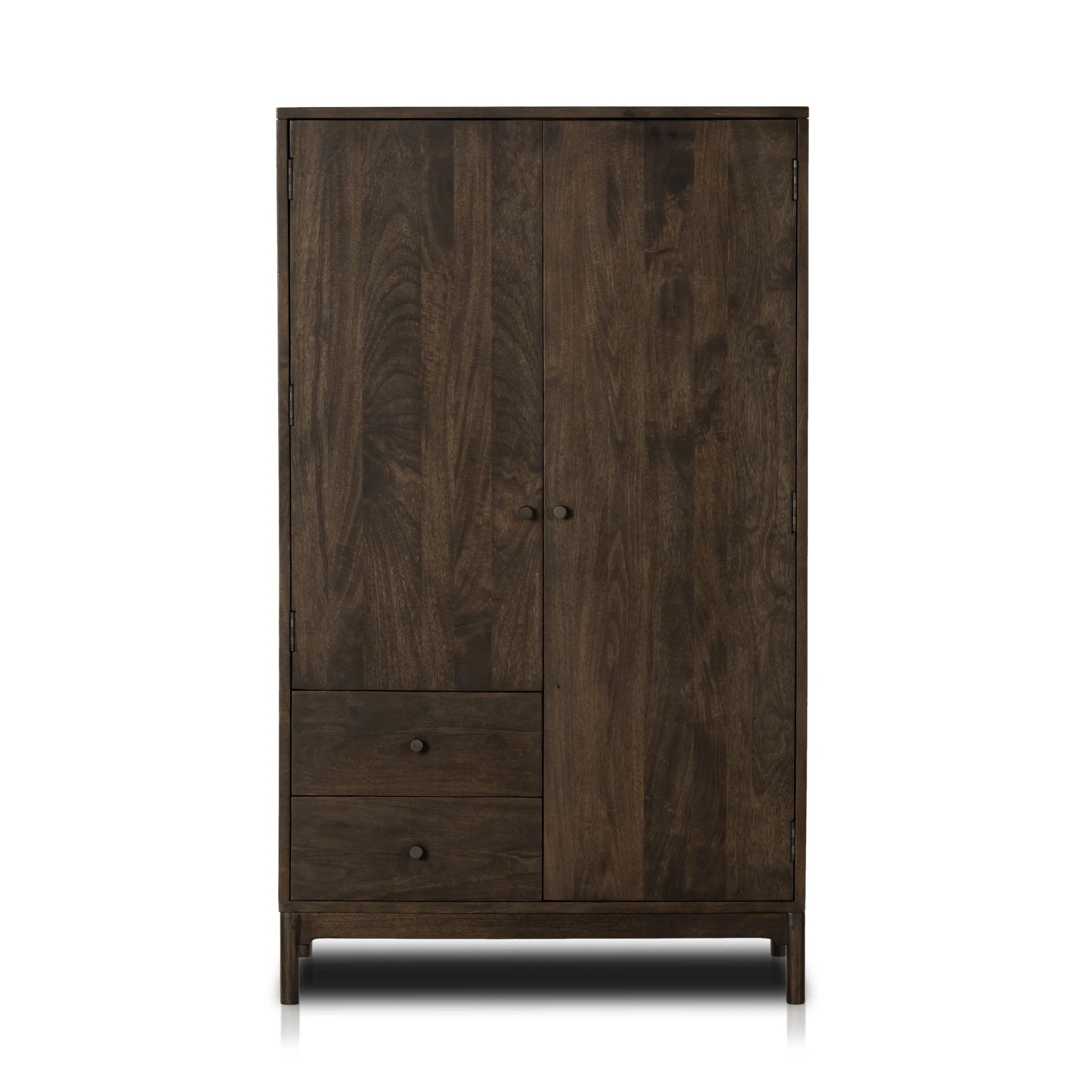 Make space for style. A large, storage-minded armoire is made from solid mango and finished in an aged brown, reminiscent of European antiques. Interior iron rod for hanging garments plus roomy drawers for out-of-sight storage. This item has been modified to comply with the STURDY Act. Amethyst Home provides interior design, new home construction design consulting, vintage area rugs, and lighting in the Washington metro area.