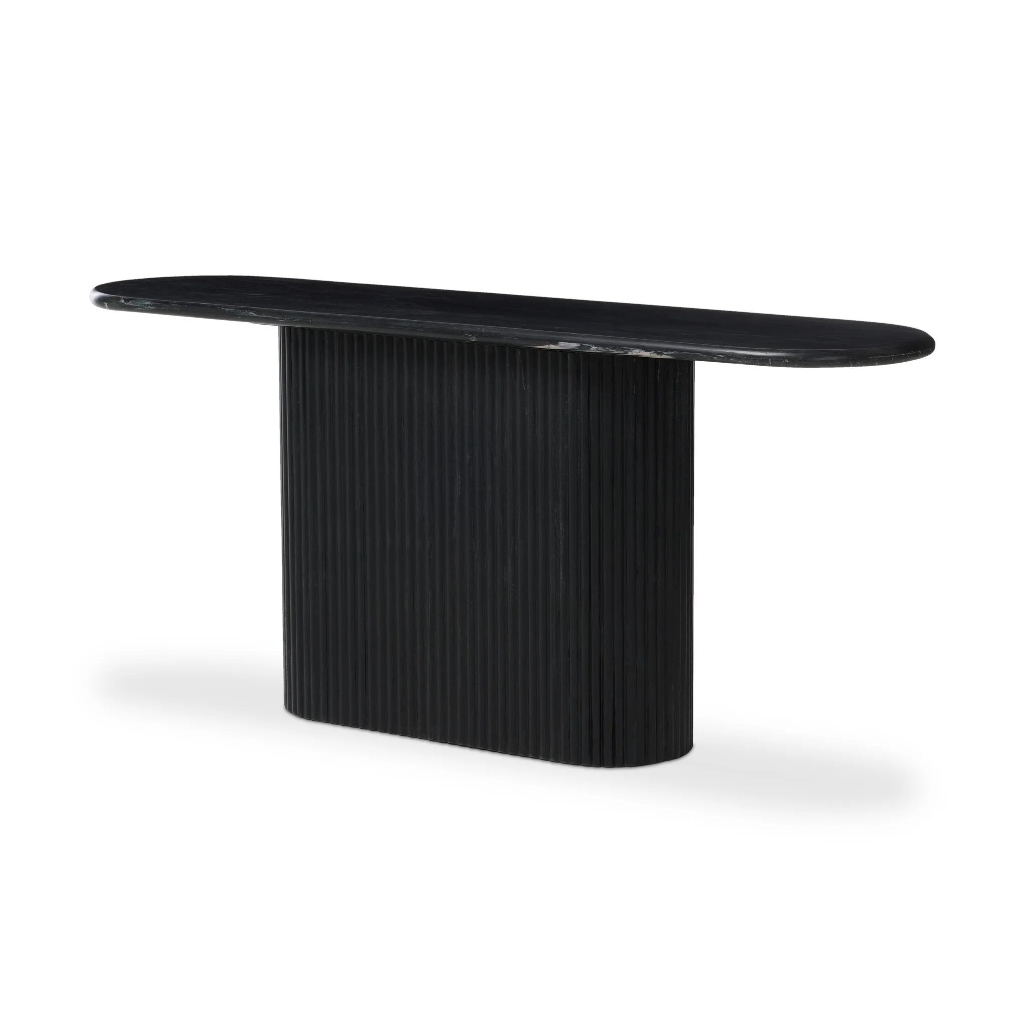 Italian-inspired for effortless sophistication. A black marble base is scalloped for a linear look with heavy texture, finished with a pill-shaped top for extra entryway styling atop this console table.As lovers of organic modern aesthetics at Amethyst, we love the designer inspired Oranda Console Table - Black Marble. Amethyst Home provides interior design, new home construction design consulting, vintage area rugs, and lighting in the Alpharetta metro area.