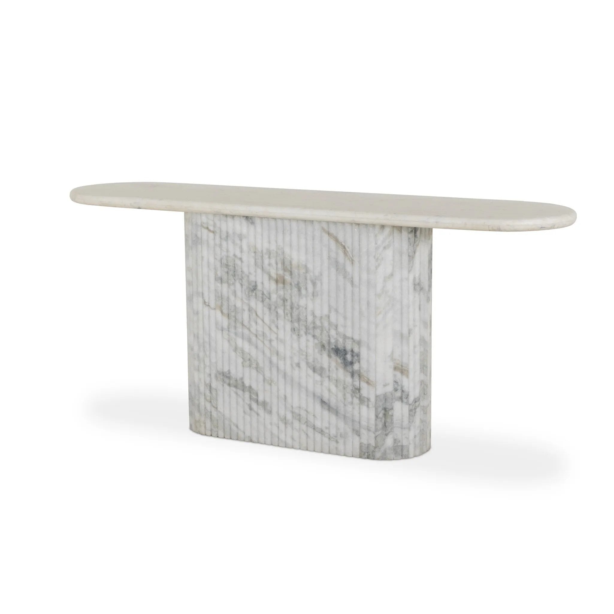 Italian-inspired for effortless sophistication. A swirling marble base is scalloped for a linear look with heavy texture, finished with a pill-shaped top for extra entryway styling atop this console table. Amethyst Home provides interior design, new home construction design consulting, vintage area rugs, and lighting in the Portland metro area.