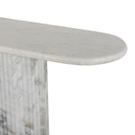 Italian-inspired for effortless sophistication. A swirling marble base is scalloped for a linear look with heavy texture, finished with a pill-shaped top for extra entryway styling atop this console table. Amethyst Home provides interior design, new home construction design consulting, vintage area rugs, and lighting in the San Diego metro area.