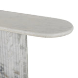 Italian-inspired for effortless sophistication. A swirling marble base is scalloped for a linear look with heavy texture, finished with a pill-shaped top for extra entryway styling atop this console table. Amethyst Home provides interior design, new home construction design consulting, vintage area rugs, and lighting in the San Diego metro area.