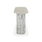 Italian-inspired for effortless sophistication. A swirling marble base is scalloped for a linear look with heavy texture, finished with a pill-shaped top for extra entryway styling atop this console table. Amethyst Home provides interior design, new home construction design consulting, vintage area rugs, and lighting in the Washington metro area.