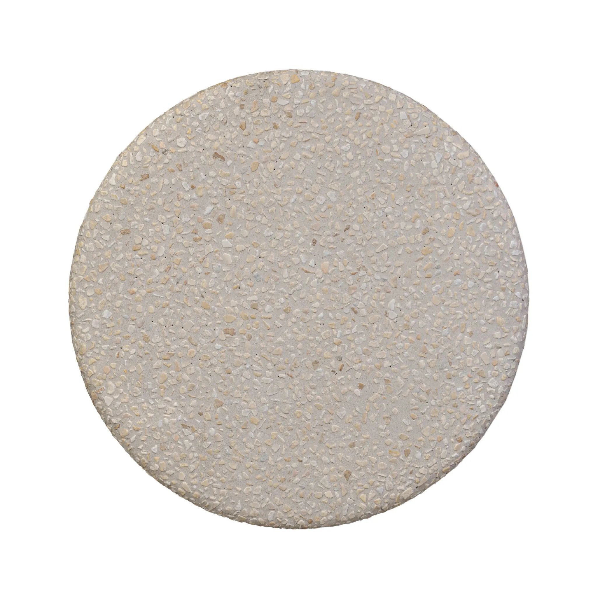 Natural stones form a neutral terrazzo pattern on a cream base, bringing a sense of texture and depth to this versatile coffee table. Designed with a clean, rounded silhouette, it works effortlessly in both indoor and outdoor spaces. Cover or store indoors during inclement weather and when not in use Amethyst Home provides interior design, new home construction design consulting, vintage area rugs, and lighting in the Calabasas metro area.