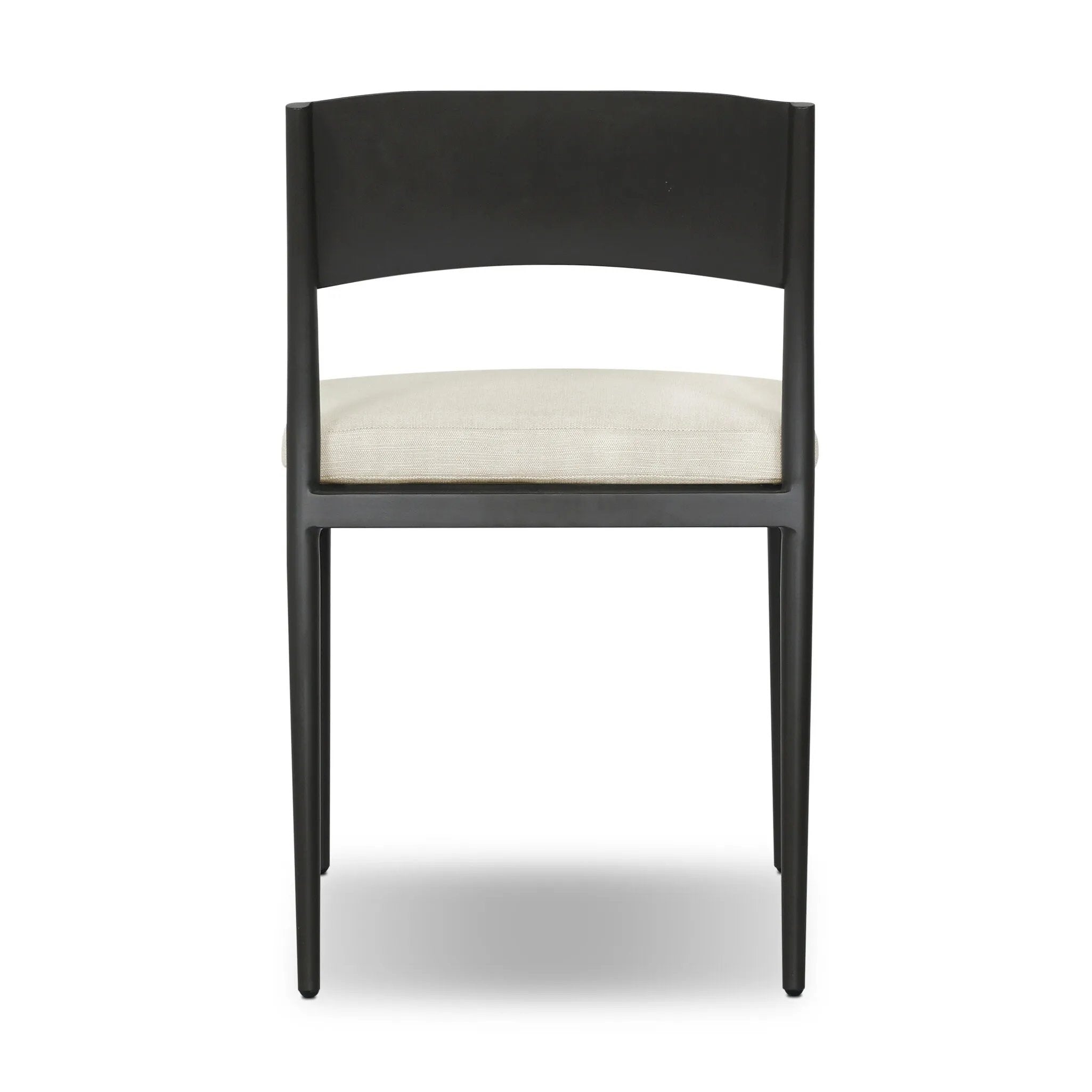 Streamlined and classic, this outdoor dining chair's simple silhouette features a subtly curved back on its matte black frame, finished with a cream linen-like seat cushion. Cover or store inside during inclement weather and when not in use. Amethyst Home provides interior design, new home construction design consulting, vintage area rugs, and lighting in the Des Moines metro area.