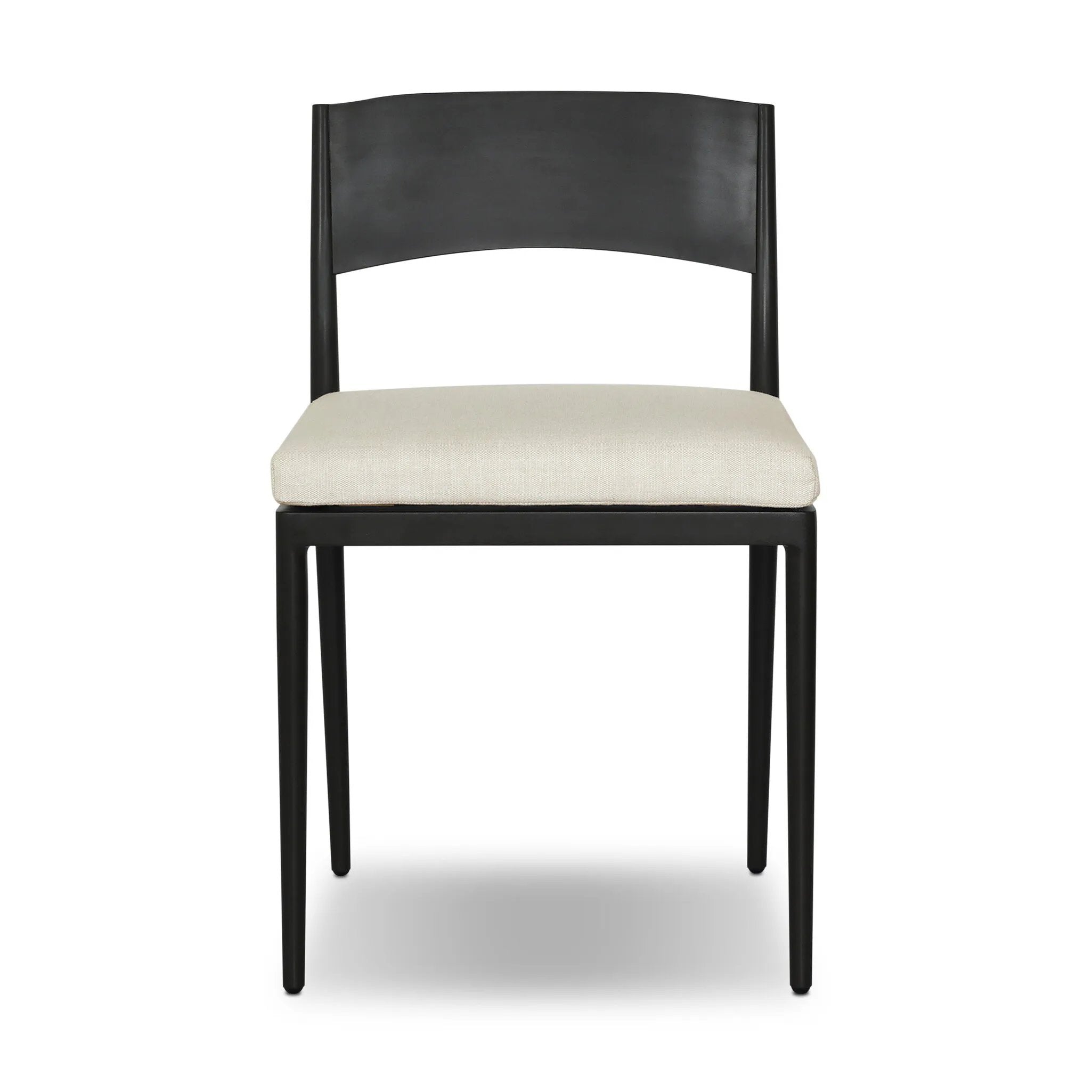 Streamlined and classic, this outdoor dining chair's simple silhouette features a subtly curved back on its matte black frame, finished with a cream linen-like seat cushion. Cover or store inside during inclement weather and when not in use. Amethyst Home provides interior design, new home construction design consulting, vintage area rugs, and lighting in the Kansas City metro area.