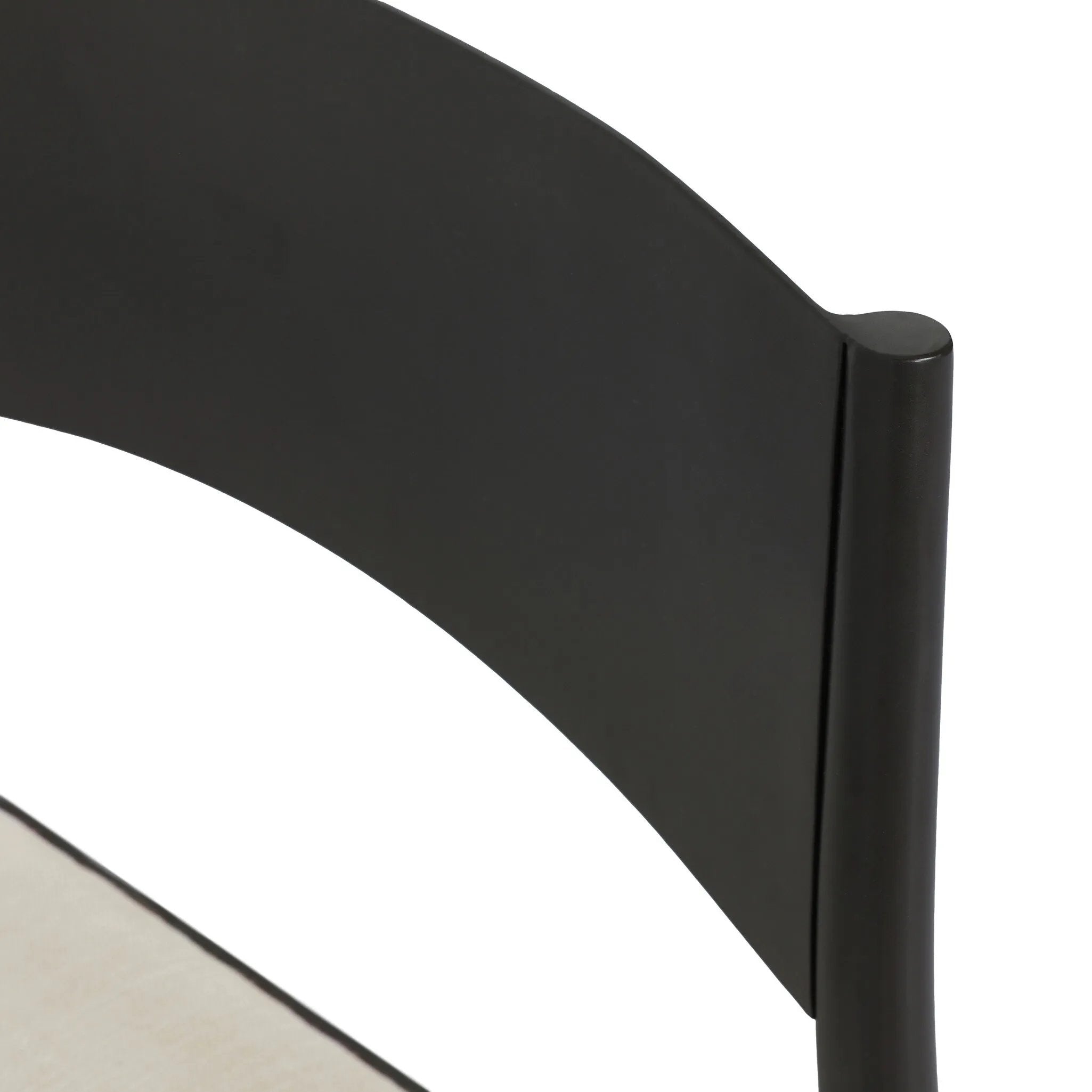 Streamlined and classic, this outdoor dining chair's simple silhouette features a subtly curved back on its matte black frame, finished with a cream linen-like seat cushion. Cover or store inside during inclement weather and when not in use. Amethyst Home provides interior design, new home construction design consulting, vintage area rugs, and lighting in the Washington metro area.