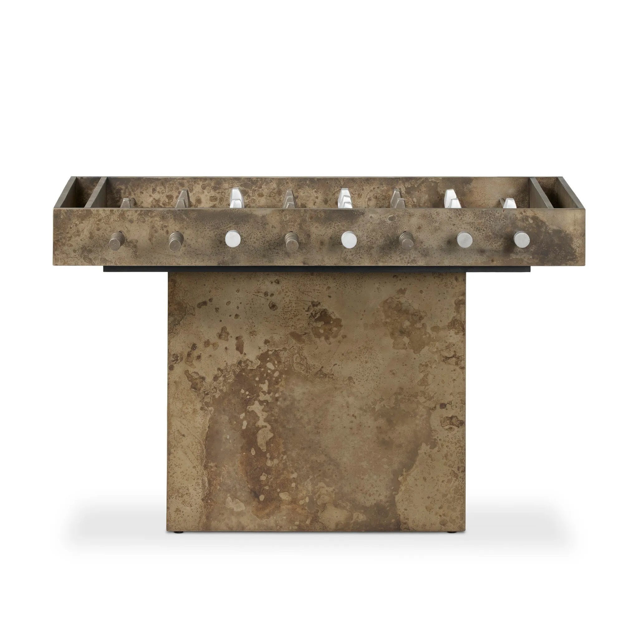 Inspired by Brutalist design, this outdoor foosball table is constructed of industrial oxidized aluminum panels, framing a travertine play surface atop a monolith plinth base that highlights the character of the finish. Two-toned players are cast in solid aluminum. Cover or store indoors during inclement weather and when not in use. Amethyst Home provides interior design, new home construction design consulting, vintage area rugs, and lighting in the Kansas City metro area.