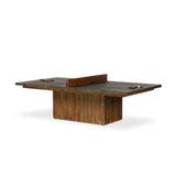Outdoor-friendly and made for play, this ping pong table is clad in slatted teak and paired with a warm, tonal rust aluminum metal top with lots of visual movement. The teak net is removable, easily turning game time into dinner time. Includes four wooden paddles. Cover or store indoors during inclement weather and when not in use. Amethyst Home provides interior design, new home construction design consulting, vintage area rugs, and lighting in the Kansas City metro area.
