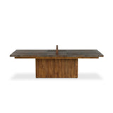 Outdoor-friendly and made for play, this ping pong table is clad in slatted teak and paired with a warm, tonal rust aluminum metal top with lots of visual movement. The teak net is removable, easily turning game time into dinner time. Includes four wooden paddles. Cover or store indoors during inclement weather and when not in use. Amethyst Home provides interior design, new home construction design consulting, vintage area rugs, and lighting in the Newport Beach metro area.