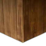 Outdoor-friendly and made for play, this ping pong table is clad in slatted teak and paired with a warm, tonal rust aluminum metal top with lots of visual movement. The teak net is removable, easily turning game time into dinner time. Includes four wooden paddles. Cover or store indoors during inclement weather and when not in use. Amethyst Home provides interior design, new home construction design consulting, vintage area rugs, and lighting in the Park City metro area.