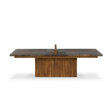 Outdoor-friendly and made for play, this ping pong table is clad in slatted teak and paired with a warm, tonal rust aluminum metal top with lots of visual movement. The teak net is removable, easily turning game time into dinner time. Includes four wooden paddles. Cover or store indoors during inclement weather and when not in use. Amethyst Home provides interior design, new home construction design consulting, vintage area rugs, and lighting in the San Diego metro area.