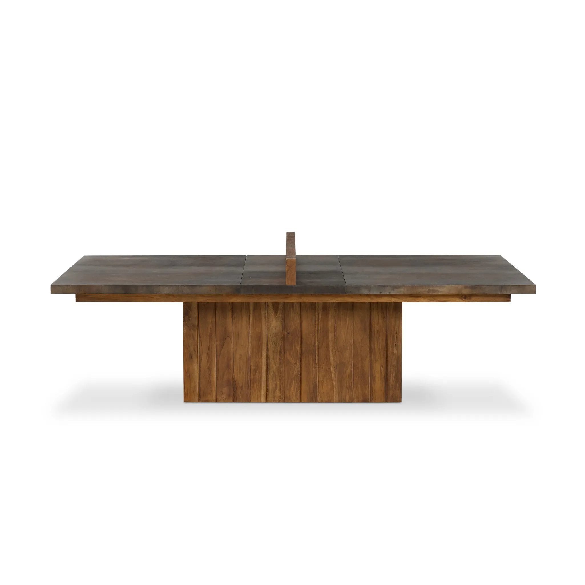 Outdoor-friendly and made for play, this ping pong table is clad in slatted teak and paired with a warm, tonal rust aluminum metal top with lots of visual movement. The teak net is removable, easily turning game time into dinner time. Includes four wooden paddles. Cover or store indoors during inclement weather and when not in use. Amethyst Home provides interior design, new home construction design consulting, vintage area rugs, and lighting in the San Diego metro area.
