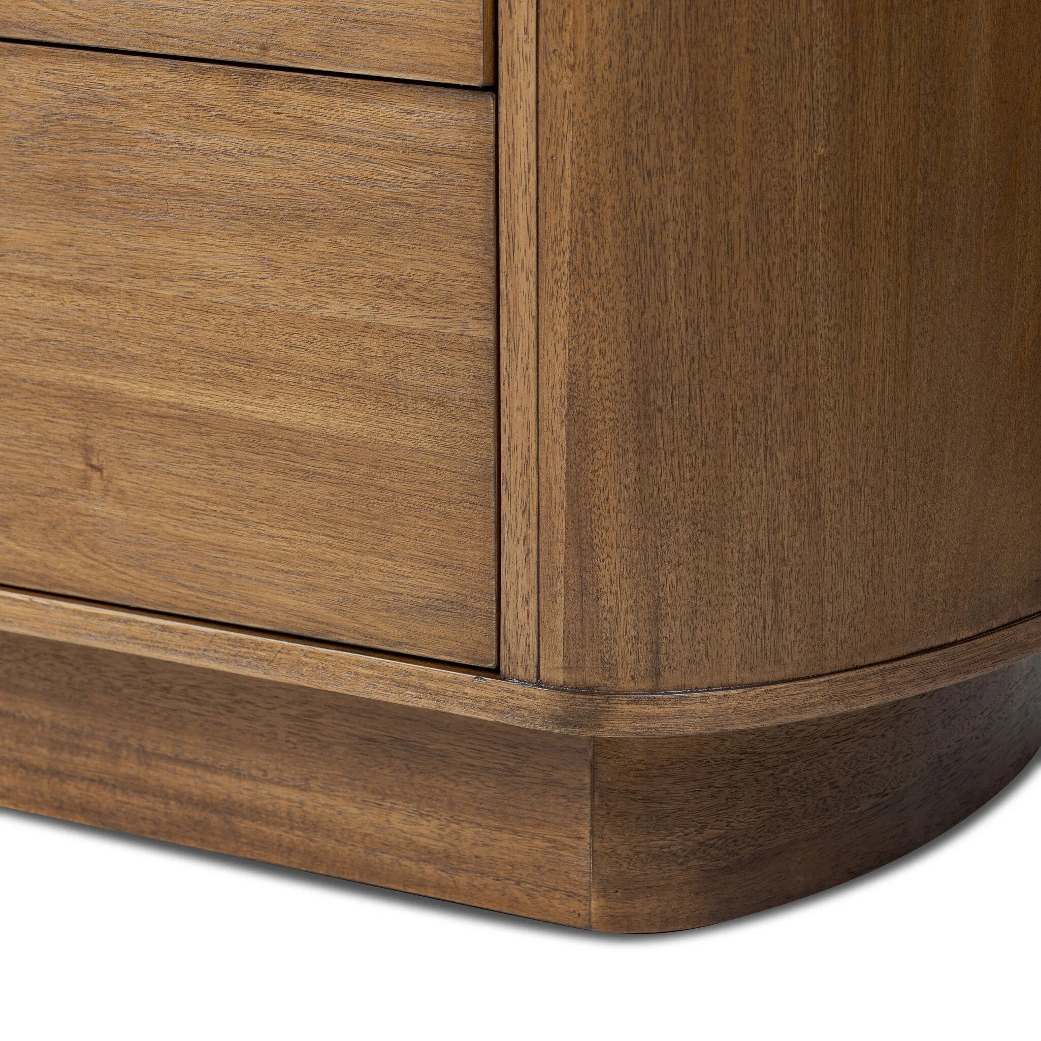 Seasoned brown acacia forms a pedestal base, bringing gentle curves to a classic dresser shape. Six drawers bring spacious storage to the bedroom Amethyst Home provides interior design, new home construction design consulting, vintage area rugs, and lighting in the Monterey metro area.