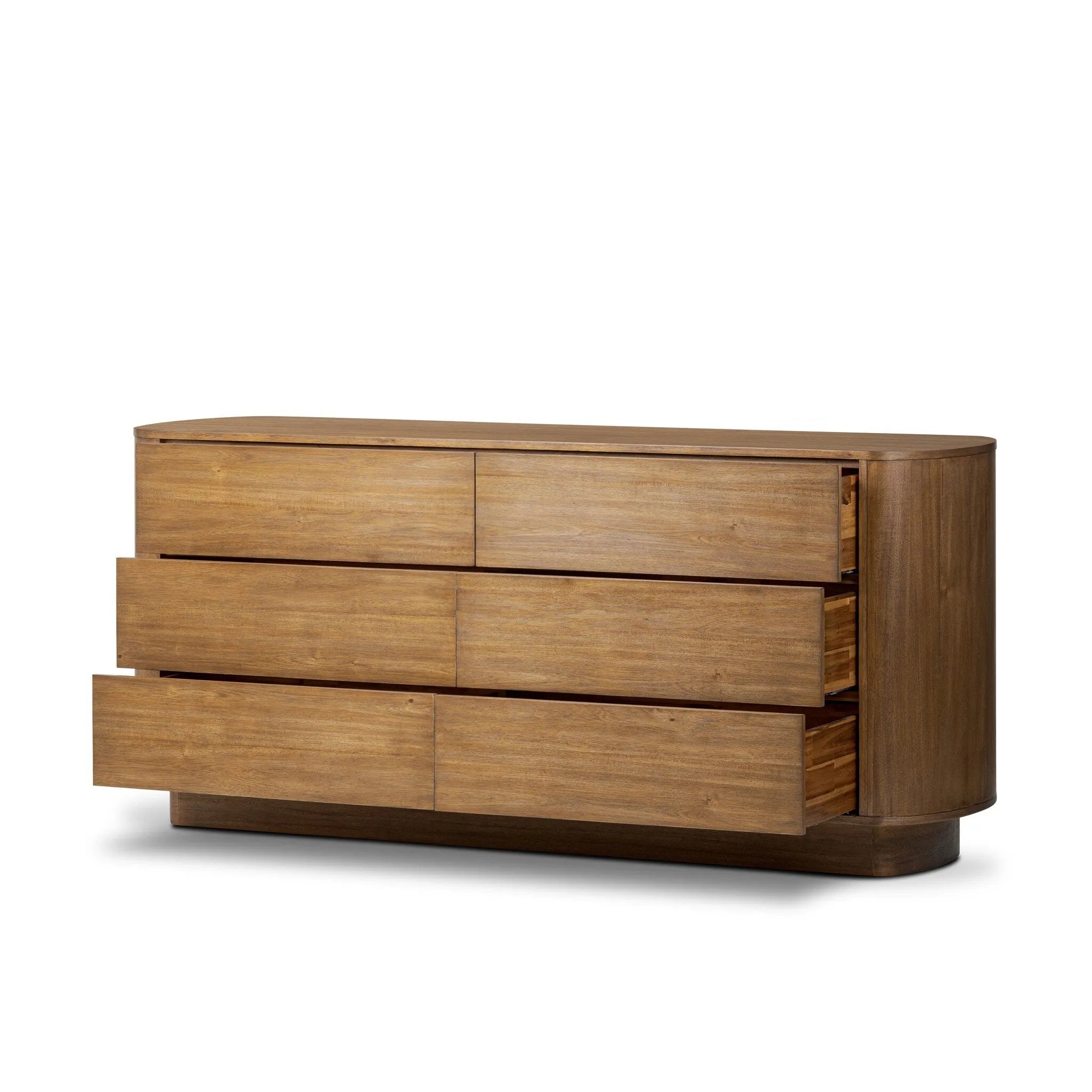 Seasoned brown acacia forms a pedestal base, bringing gentle curves to a classic dresser shape. Six drawers bring spacious storage to the bedroom Amethyst Home provides interior design, new home construction design consulting, vintage area rugs, and lighting in the Washington metro area.