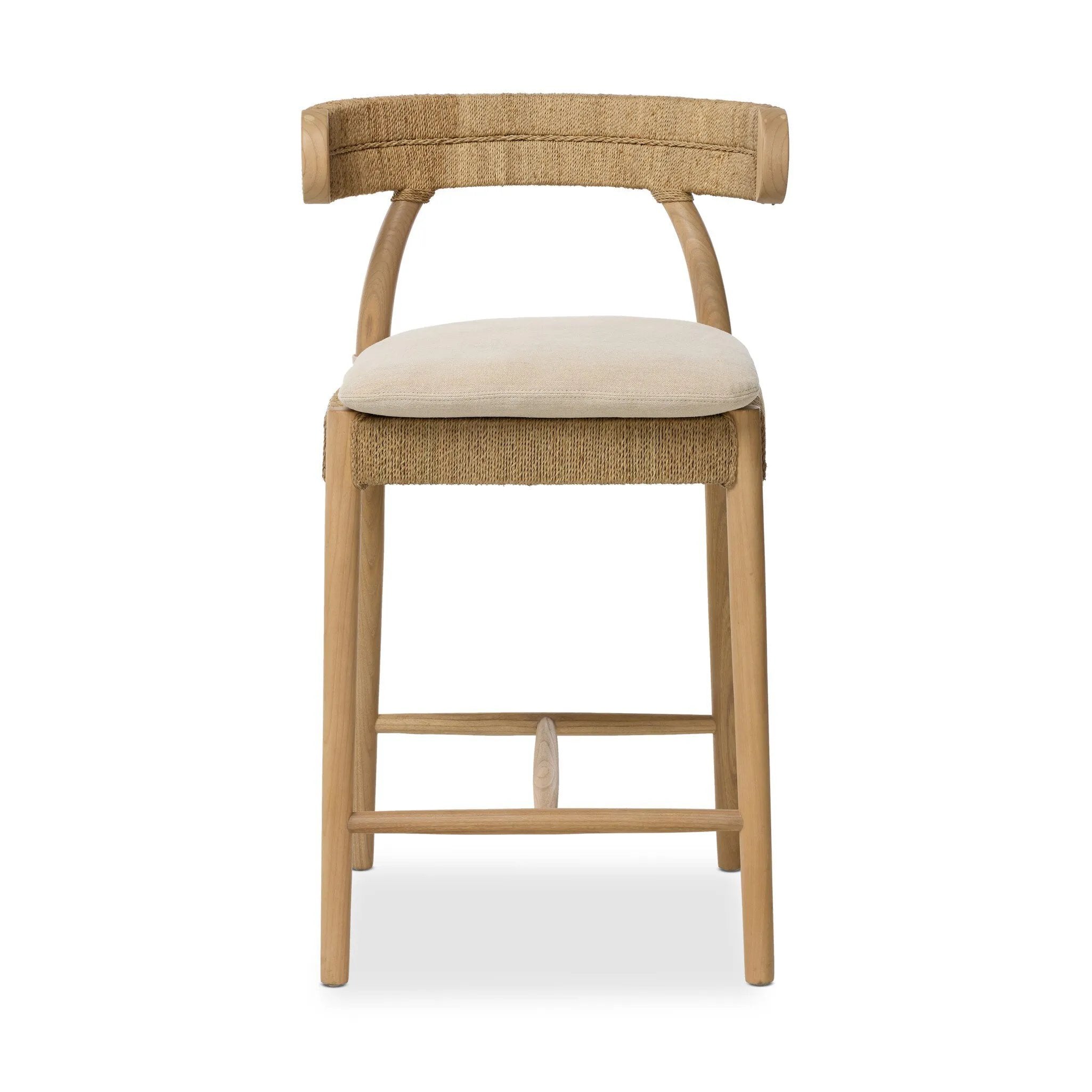 Mixed materials modernize this textural stool inspired by classic wishbone design. Natural sugar palm is cross-woven to create a seat and slim barrel back, all framed by smoked sungkai, with a cushion completing the look.As enthusiasts of wabi sabi materials at Amethyst, we love the nature inspired Pampa Counter Stool - Broadway Dune. Amethyst Home provides interior design, new home construction design consulting, vintage area rugs, and lighting in the Houston metro area.