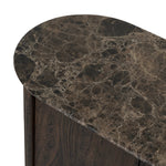 Mixed materials refresh the traditional sideboard, pairing a thick, wide base of dark brown acacia with brown marble rich with natural veining. Cylindrical details and a step base elevates the look. A spacious interior awaits storage of favorite serveware, table linens and more. Amethyst Home provides interior design, new home construction design consulting, vintage area rugs, and lighting in the Miami metro area.