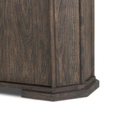 Mixed materials refresh the traditional sideboard, pairing a thick, wide base of dark brown acacia with brown marble rich with natural veining. Cylindrical details and a step base elevates the look. A spacious interior awaits storage of favorite serveware, table linens and more. Amethyst Home provides interior design, new home construction design consulting, vintage area rugs, and lighting in the Newport Beach metro area.