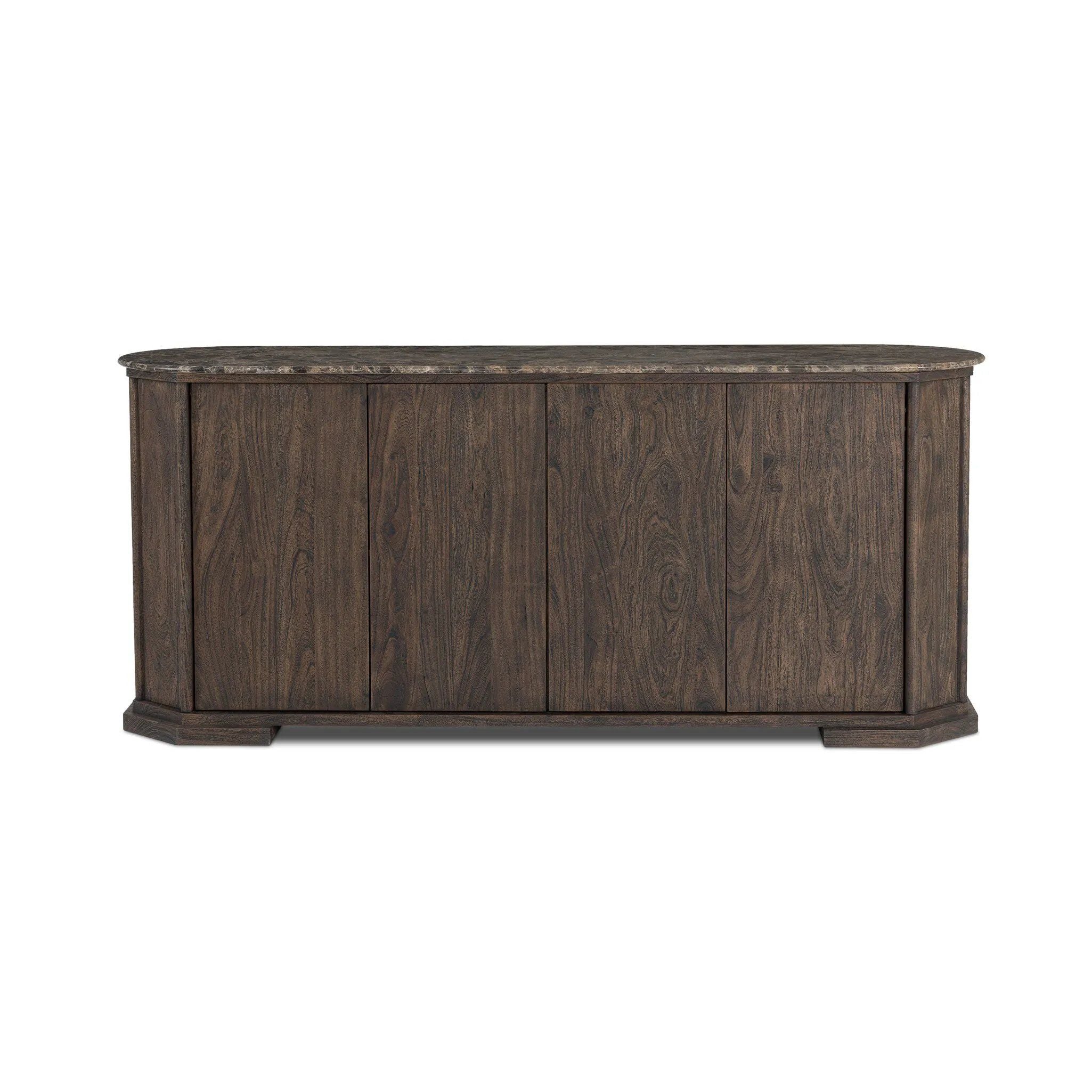 Mixed materials refresh the traditional sideboard, pairing a thick, wide base of dark brown acacia with brown marble rich with natural veining. Cylindrical details and a step base elevates the look. A spacious interior awaits storage of favorite serveware, table linens and more. Amethyst Home provides interior design, new home construction design consulting, vintage area rugs, and lighting in the Salt Lake City metro area.