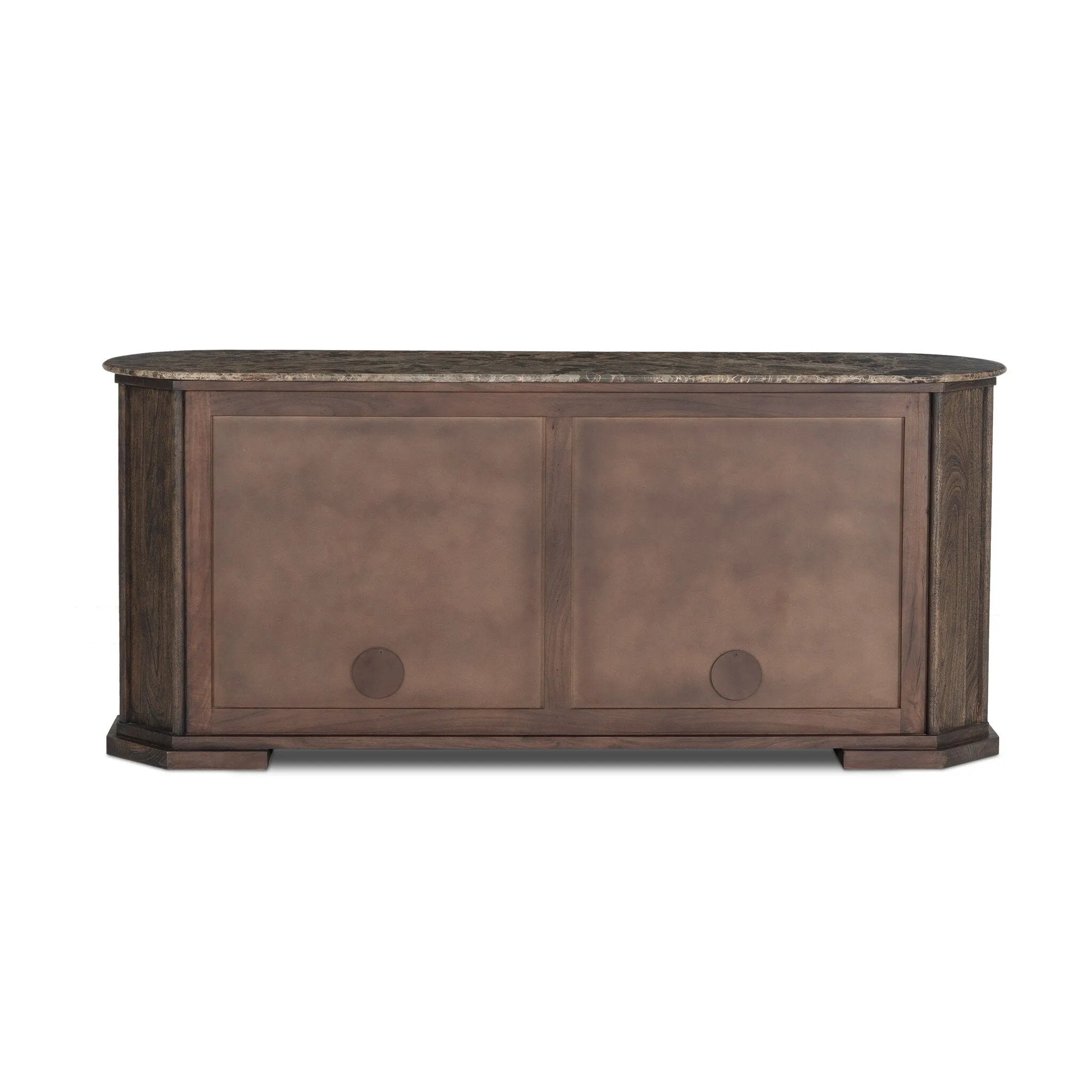 Mixed materials refresh the traditional sideboard, pairing a thick, wide base of dark brown acacia with brown marble rich with natural veining. Cylindrical details and a step base elevates the look. A spacious interior awaits storage of favorite serveware, table linens and more. Amethyst Home provides interior design, new home construction design consulting, vintage area rugs, and lighting in the San Diego metro area.