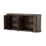 Mixed materials refresh the traditional sideboard, pairing a thick, wide base of dark brown acacia with brown marble rich with natural veining. Cylindrical details and a step base elevates the look. A spacious interior awaits storage of favorite serveware, table linens and more. Amethyst Home provides interior design, new home construction design consulting, vintage area rugs, and lighting in the Tampa metro area.