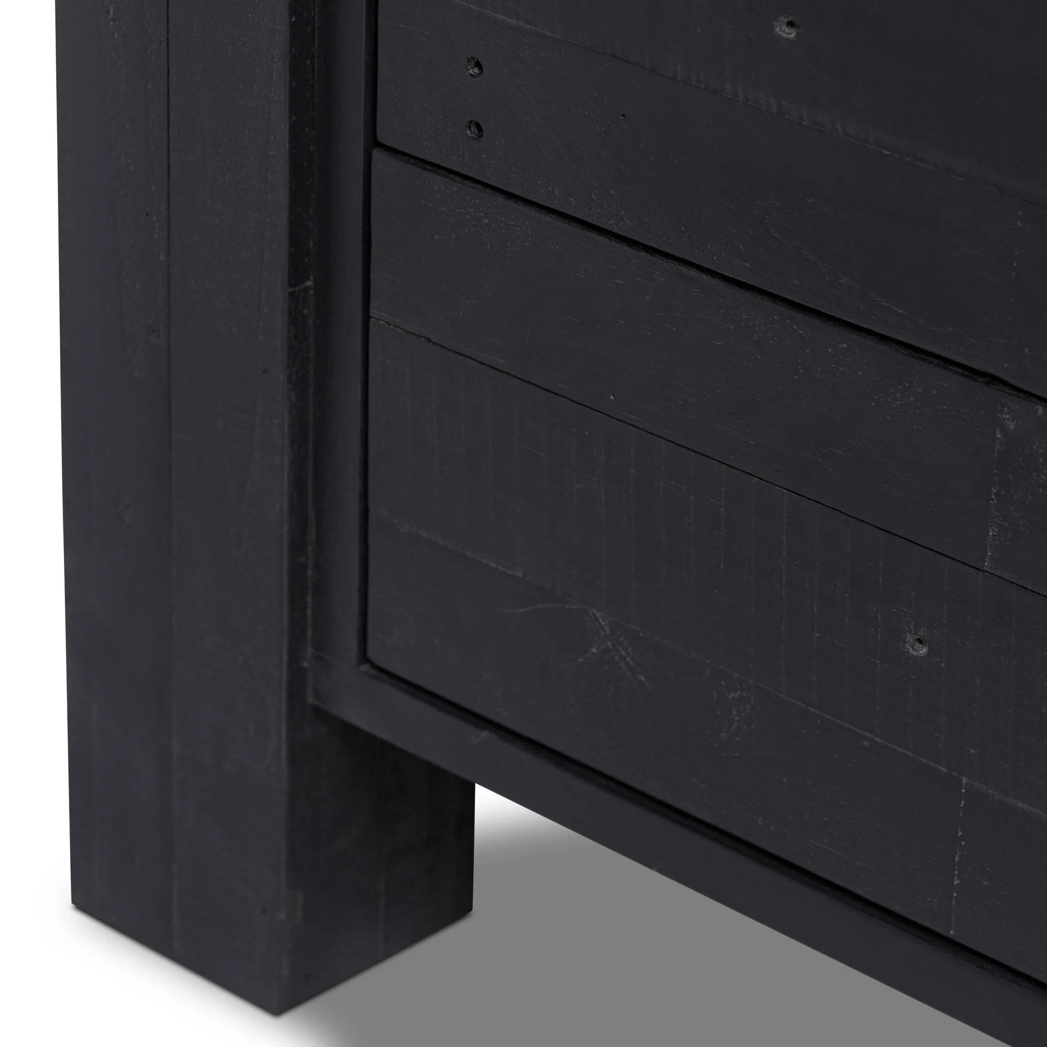 Beauty in simplicity. A clean cube of aged black-finished pine can be styled into a wide range of styles and spaces Amethyst Home provides interior design, new home construction design consulting, vintage area rugs, and lighting in the Austin metro area.
