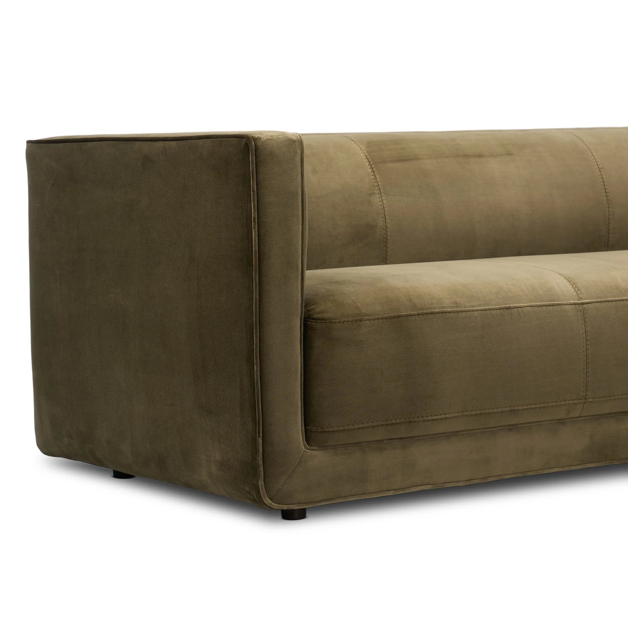 Featuring Phillip Left Arm Facing 2-Piece Sectional by Four Hands at Amethyst Home. A clean, angular sectional in an eye-catching color. Upholstered in an olive cotton blend, with blind stitching along the seat and back cushions. The slight pronounced seat cushion creates an illusion of being loose, but is actually a fixed cushion with expert tailoring. A . Amethyst Home provides interior design, new home construction design consulting, vintage area rugs, and lighting in the Des Moines metro area.